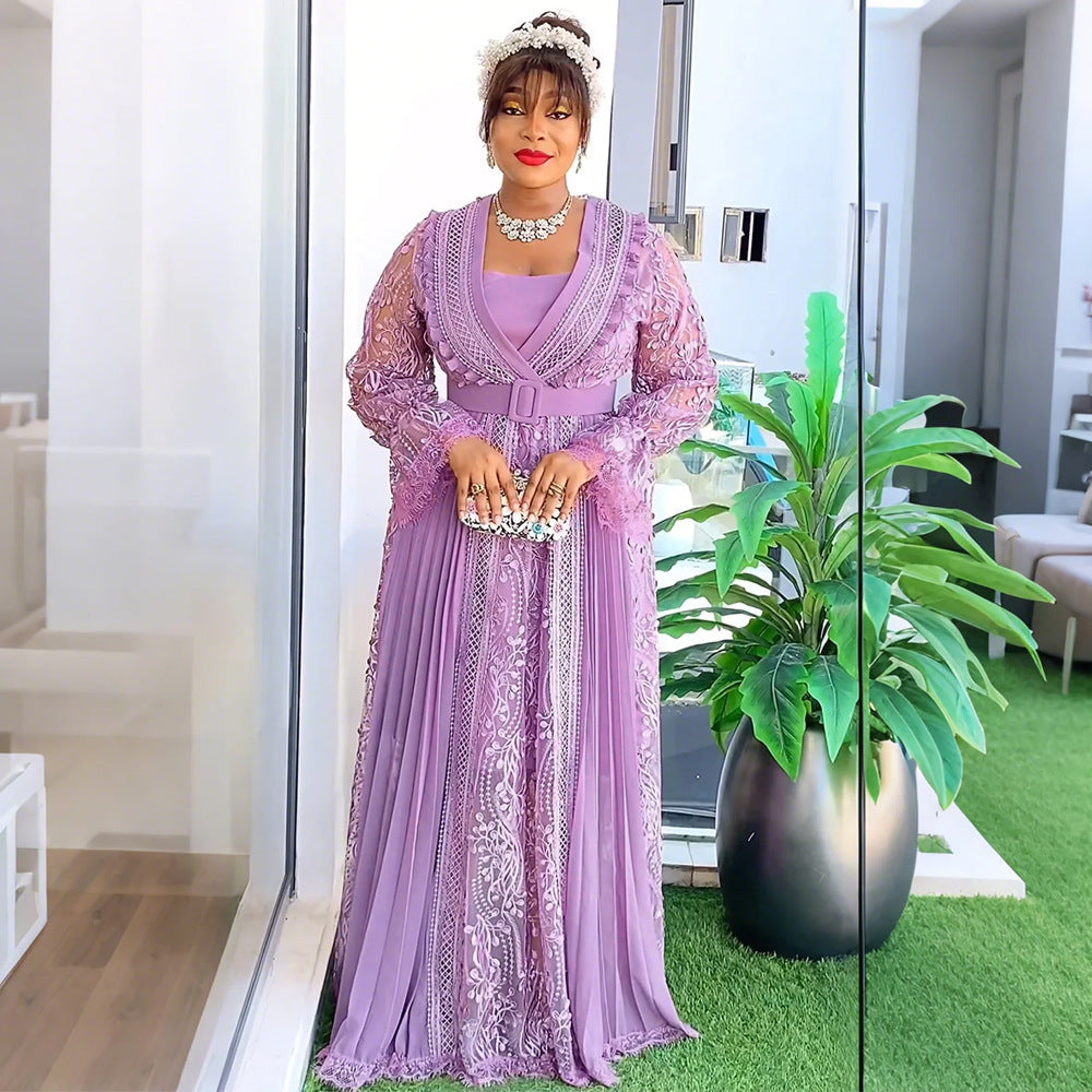 Embroidered Lace Hollow-out Long Sleeve Elegant Dress Suspender Skirt Two-piece Set