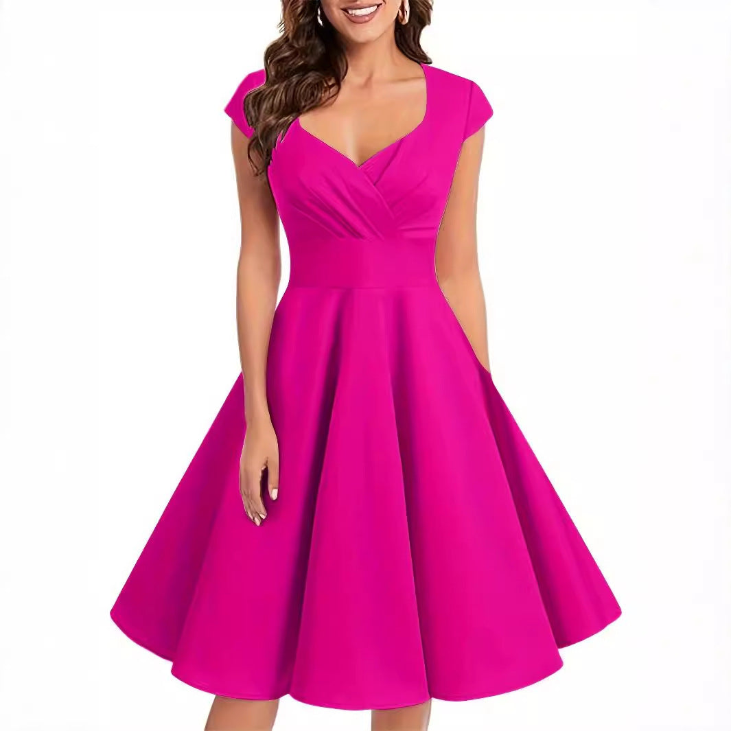 Retro Women's V-neck Half Sleeve Waist Dress