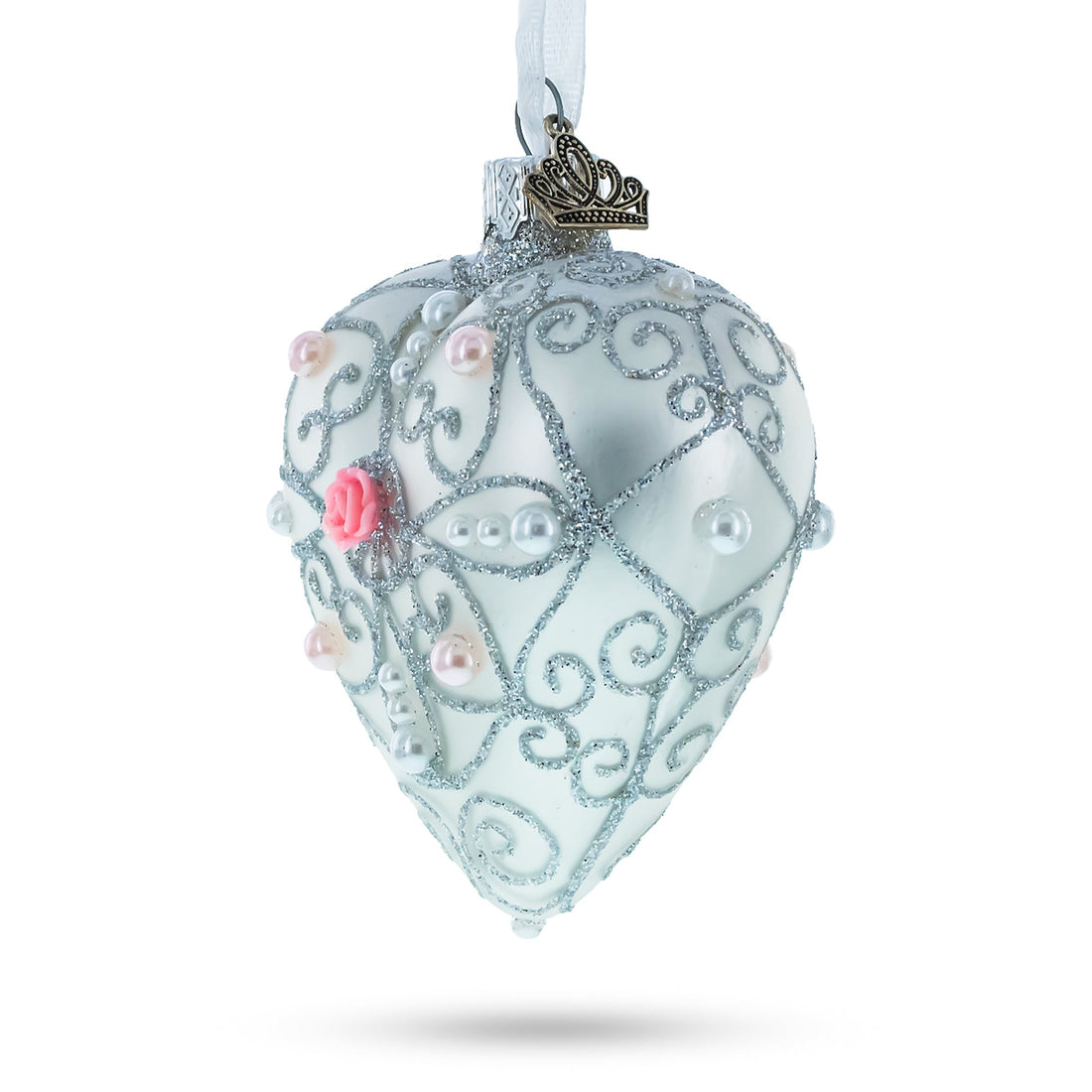 Silver Color Heart with Pink Rose Glass Heart Christmas Ornament