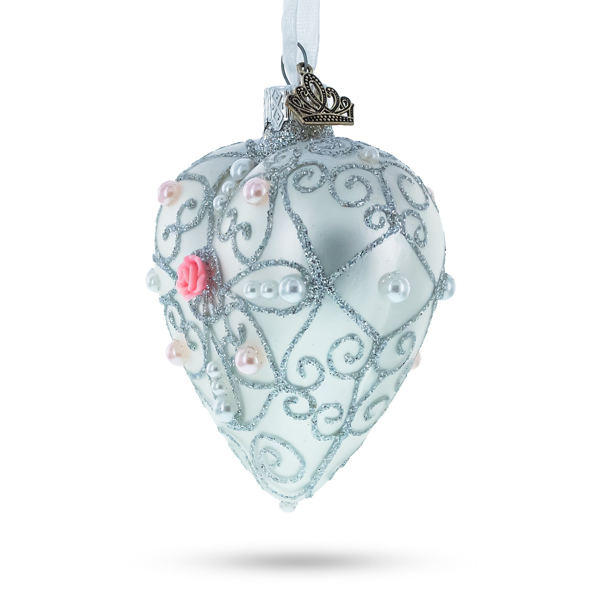 Silver Color Heart with Pink Rose Glass Heart Christmas Ornament