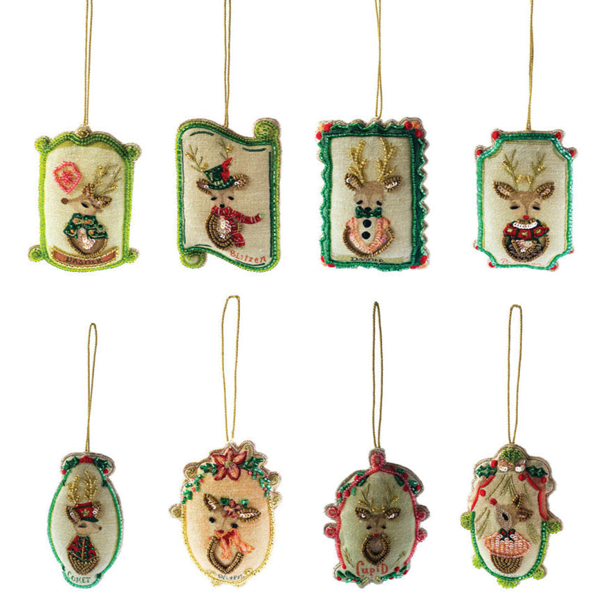 Cotton Santa's Reindeer Ornament w/ Glass Beads & Sequins Set of 8