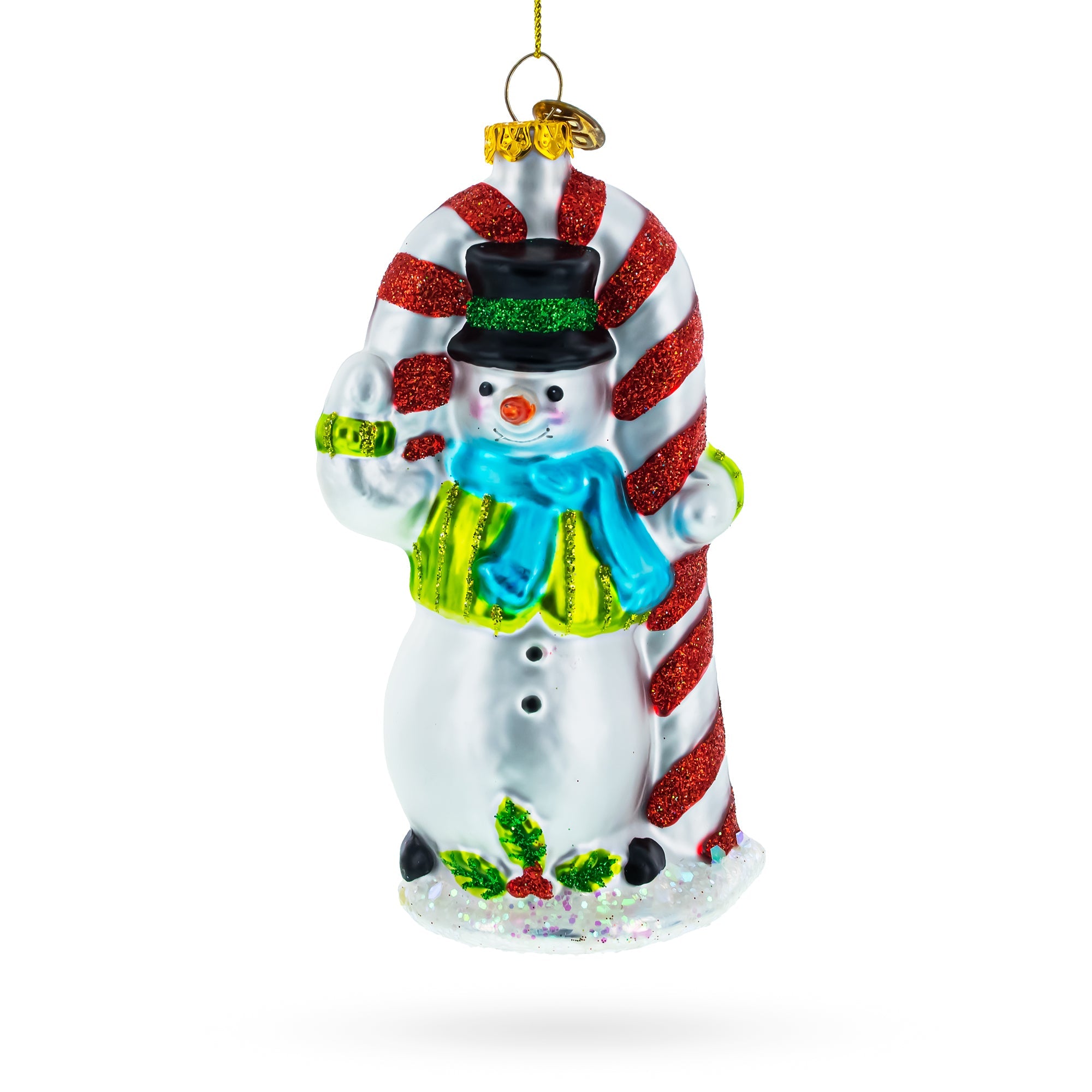 Snowman with the Mint Candy Cane Glass Christmas Ornament