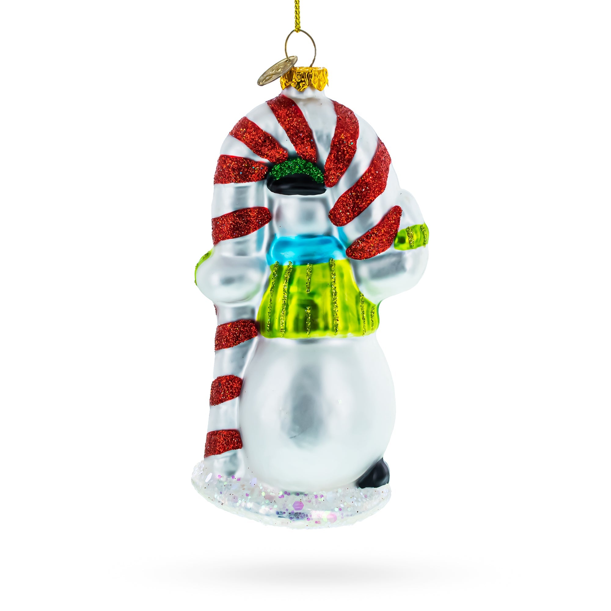 Snowman with the Mint Candy Cane Glass Christmas Ornament