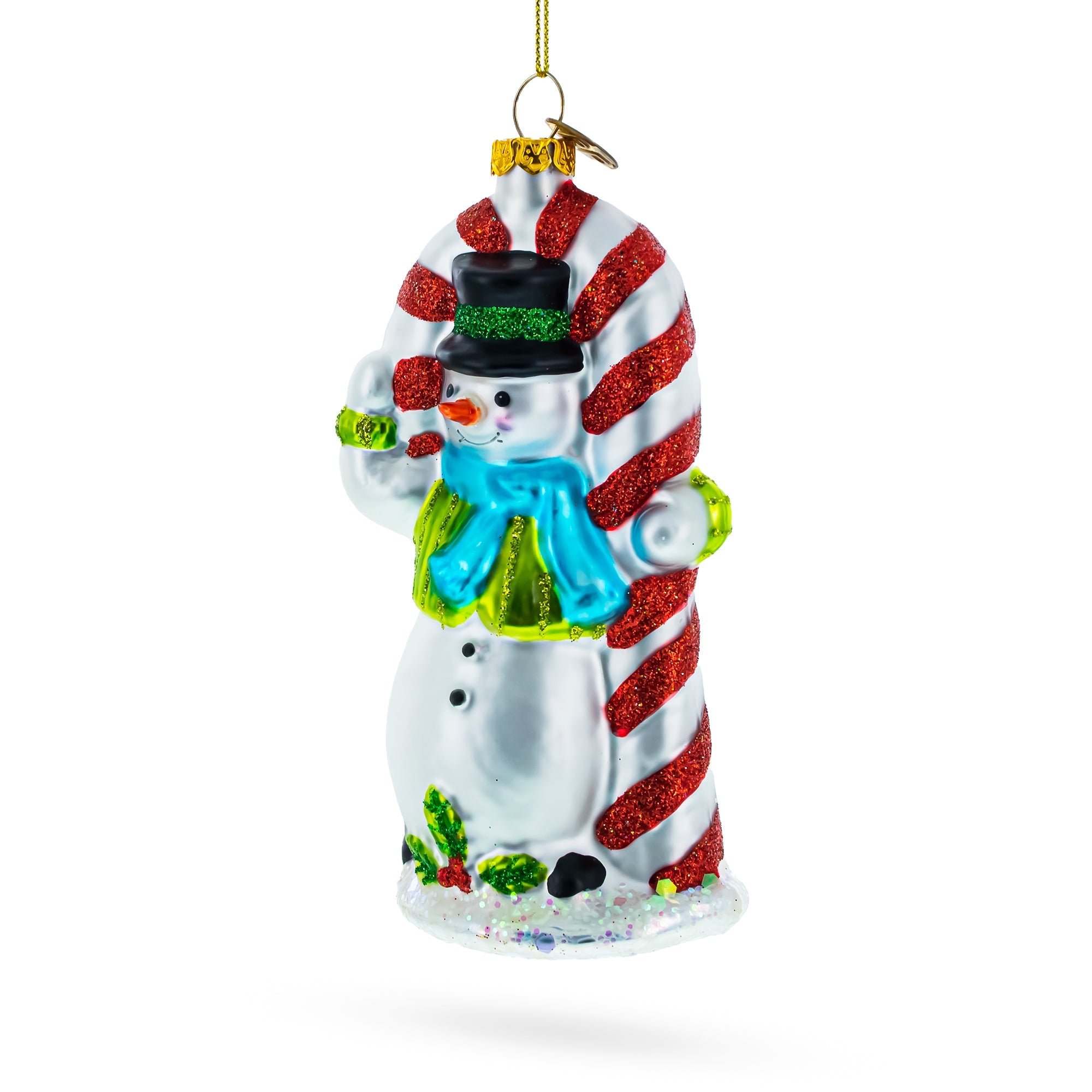 Snowman with the Mint Candy Cane Glass Christmas Ornament