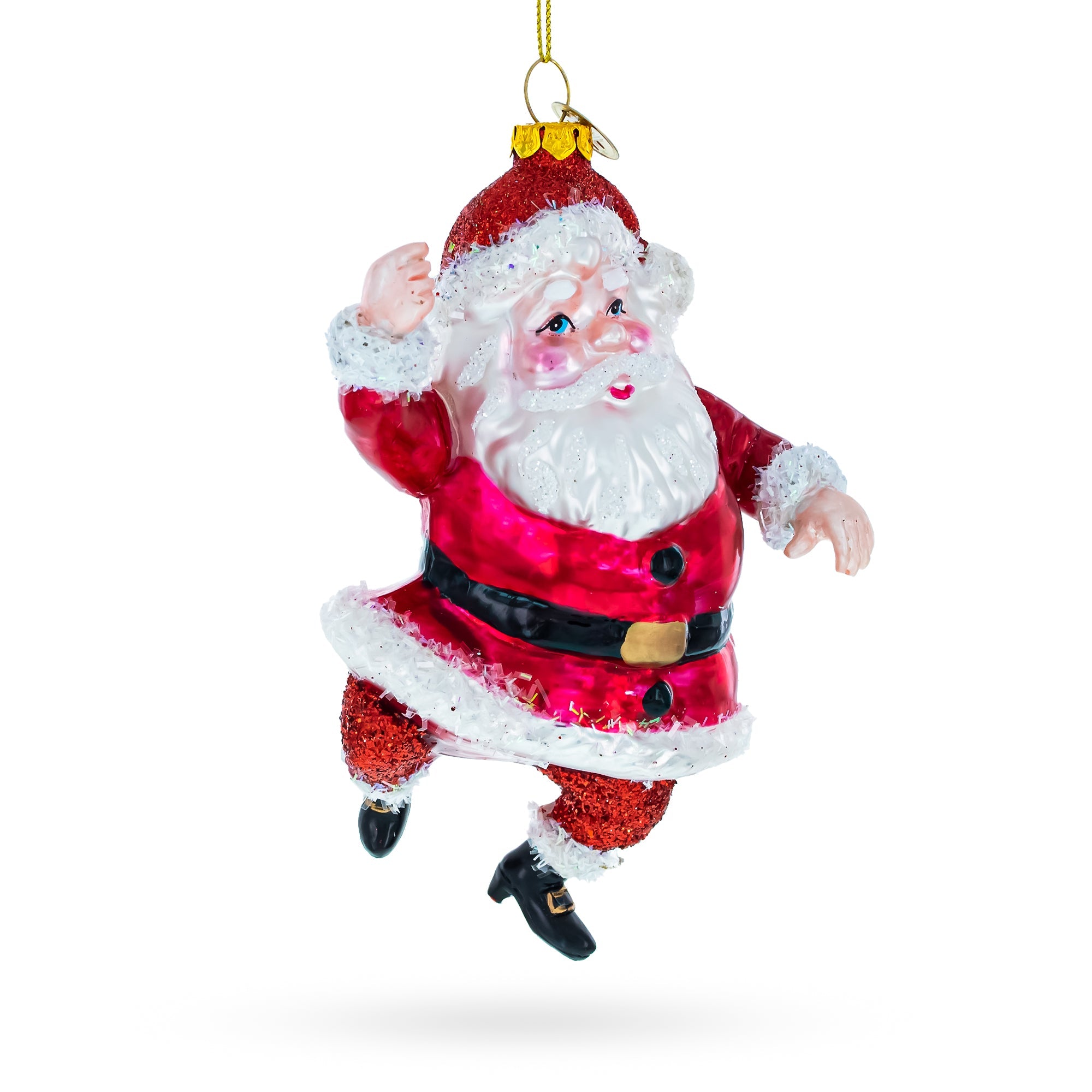 Santa Boogying in Festive Red Attire Glass Christmas Ornament
