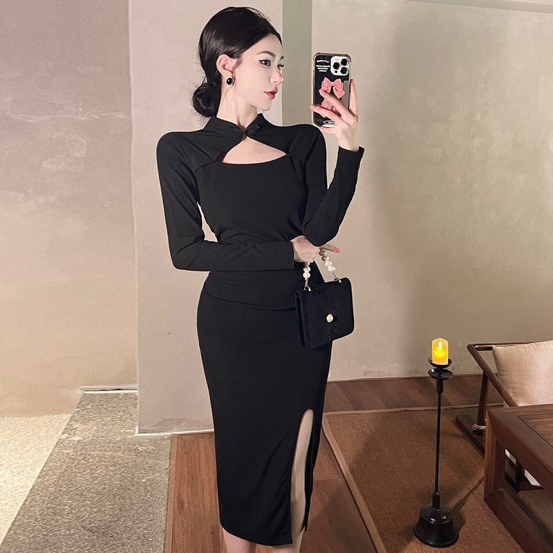 European And American Sexy Hot Girl Long Sleeve Hollow-out Cinched Split Hip Dress