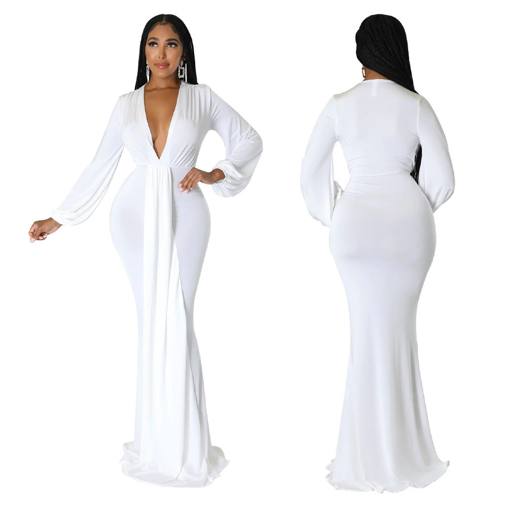 Autumn Sexy Slim-fit Deep V-neck Mop Dress