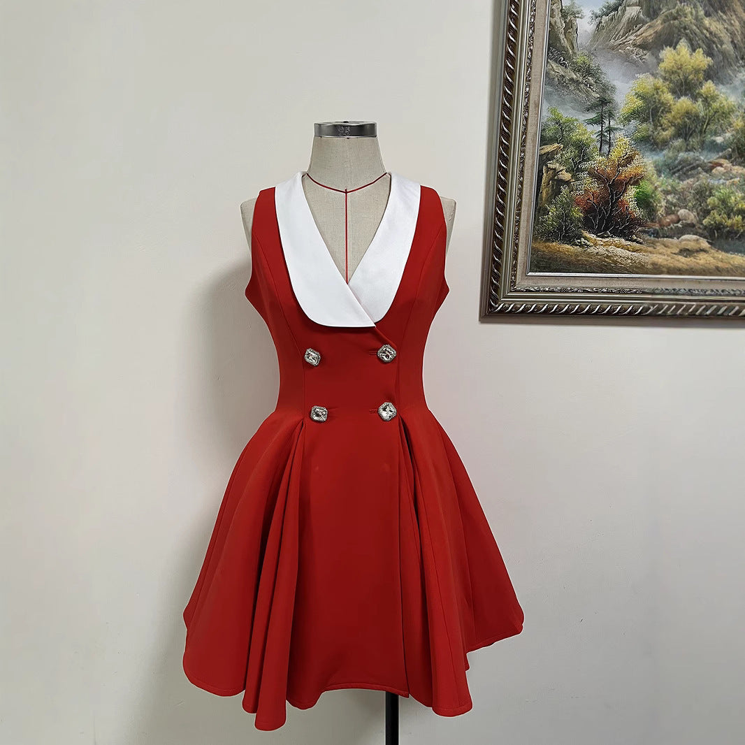 Lapel And Waist Tight Tank Dress Draped Vintage Temperament Skirt Dress Women Elegant Dress