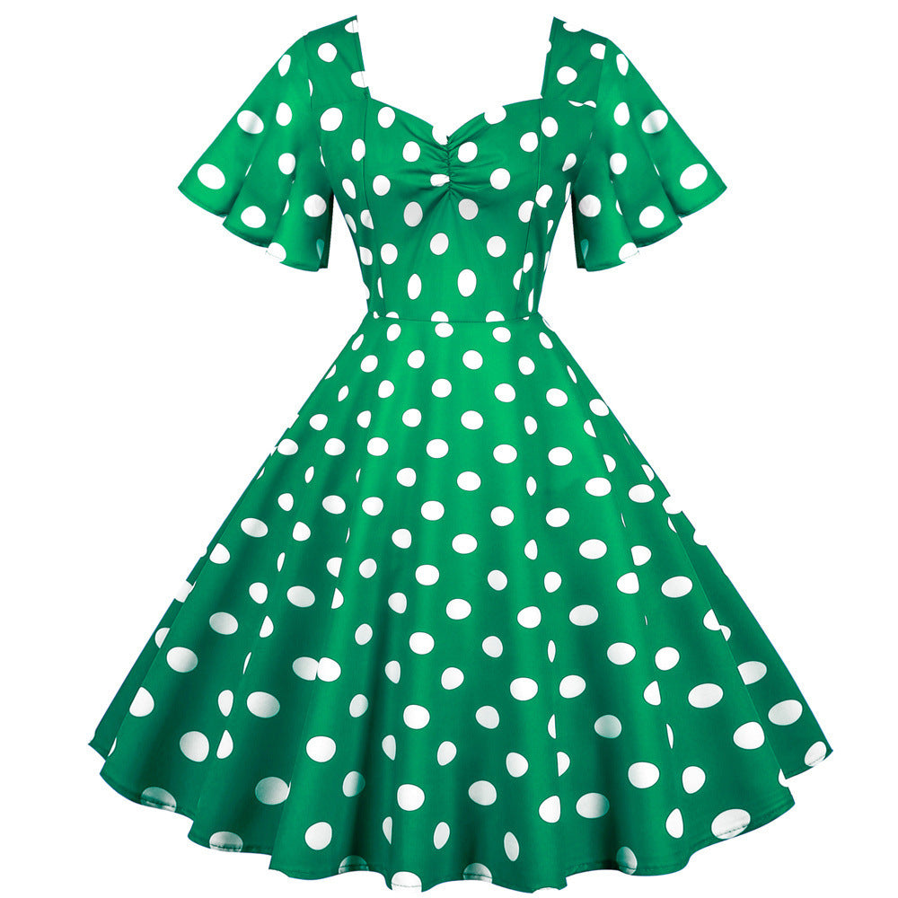 Casual Short-sleeved Slim-fit Polka Dot Print Large Swing Dress