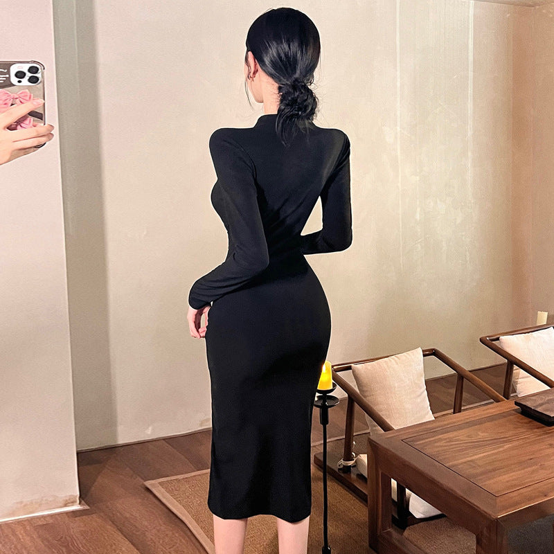 European And American Sexy Hot Girl Long Sleeve Hollow-out Cinched Split Hip Dress