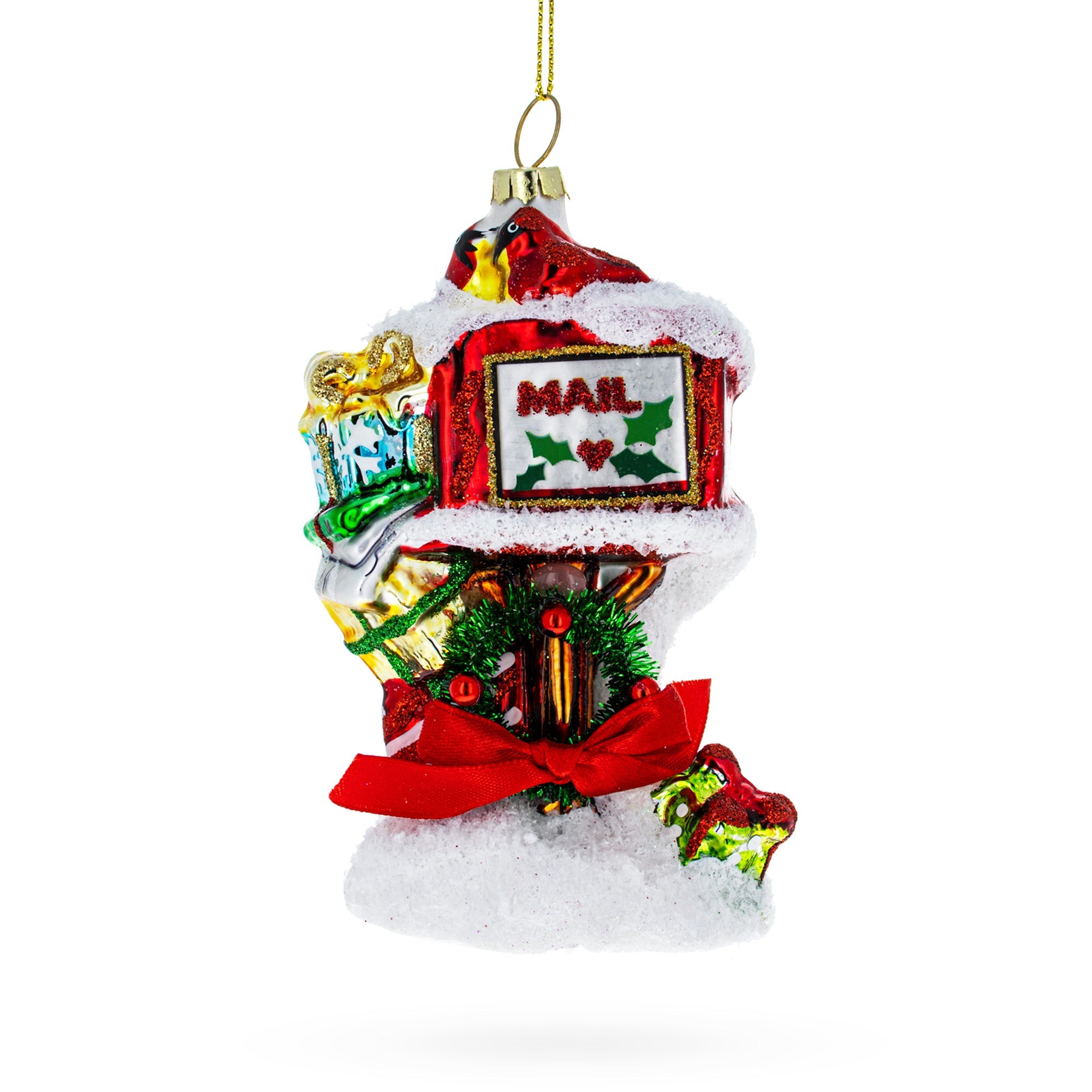 Snowy Red Mailbox Full of Gifts Glass Christmas Ornament