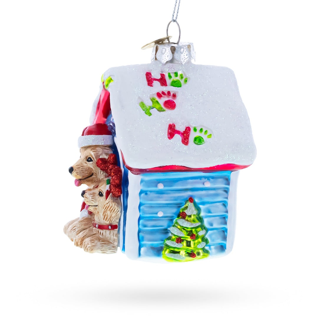 Christmas Dogs in Doghouse Glass Christmas Ornament
