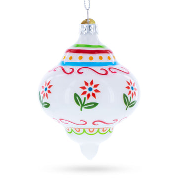 White Finial with Red Floral Pattern Glass Christmas Ornament