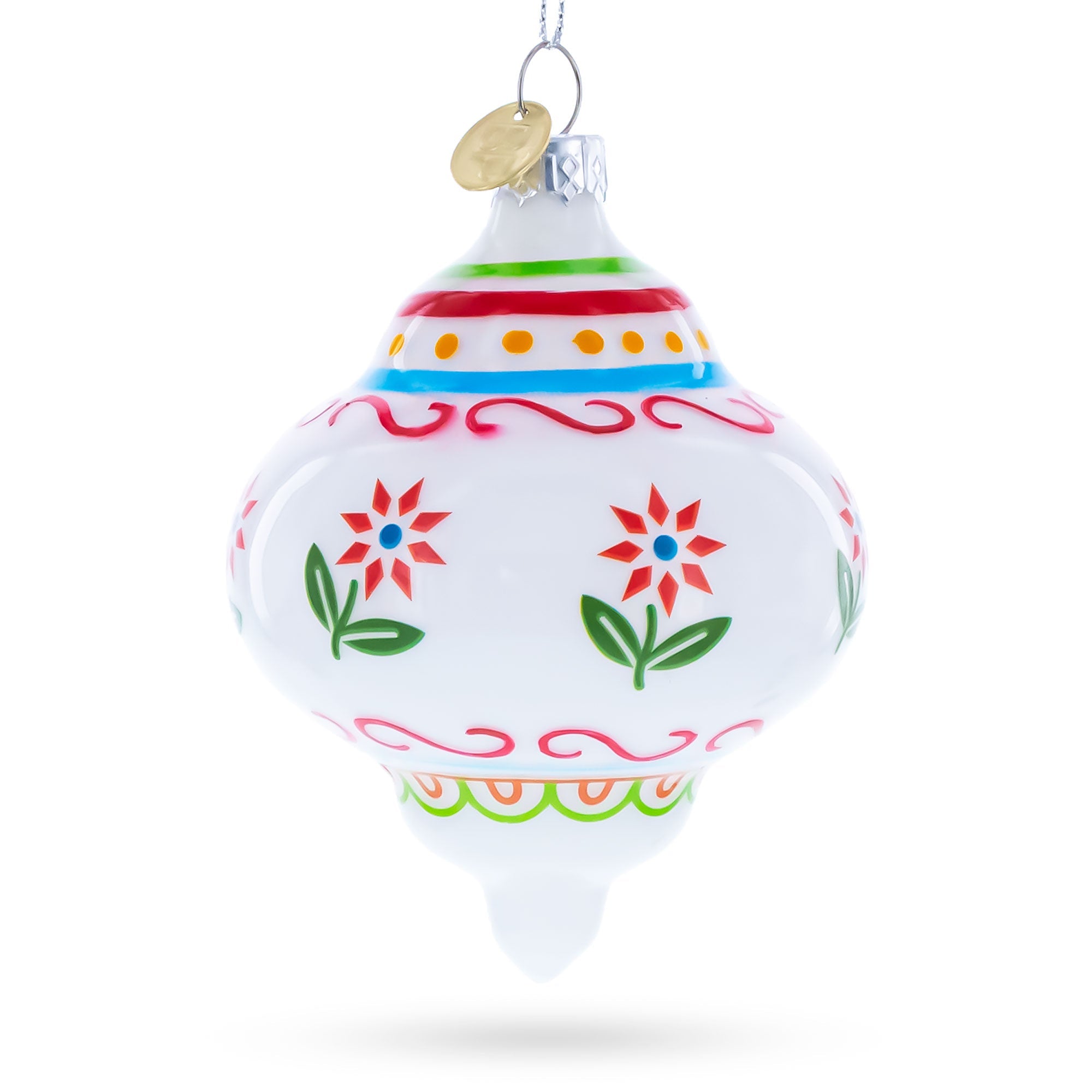 White Finial with Red Floral Pattern Glass Christmas Ornament