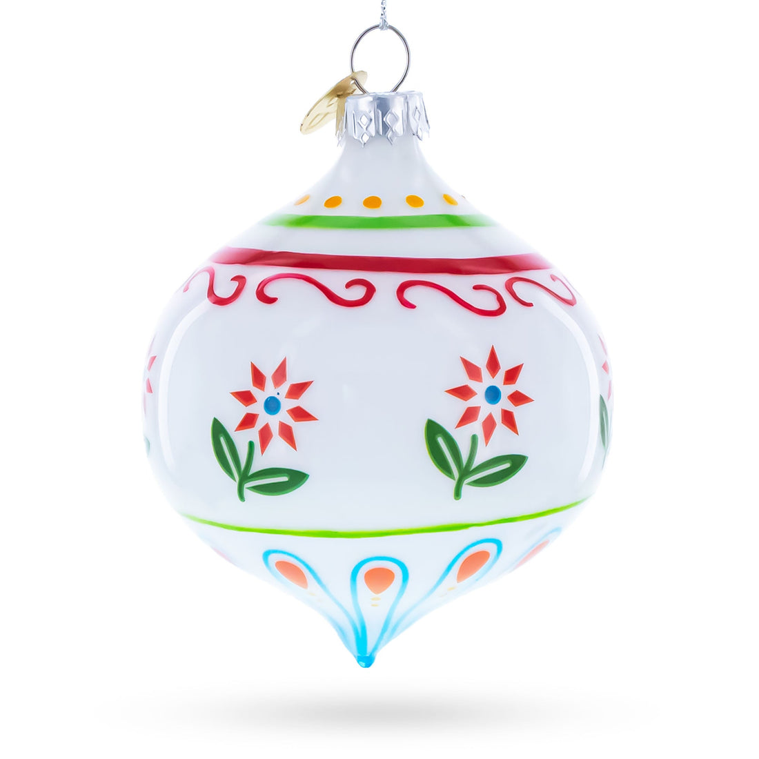 White Floral Pattern Finial Glass Christmas Ornament