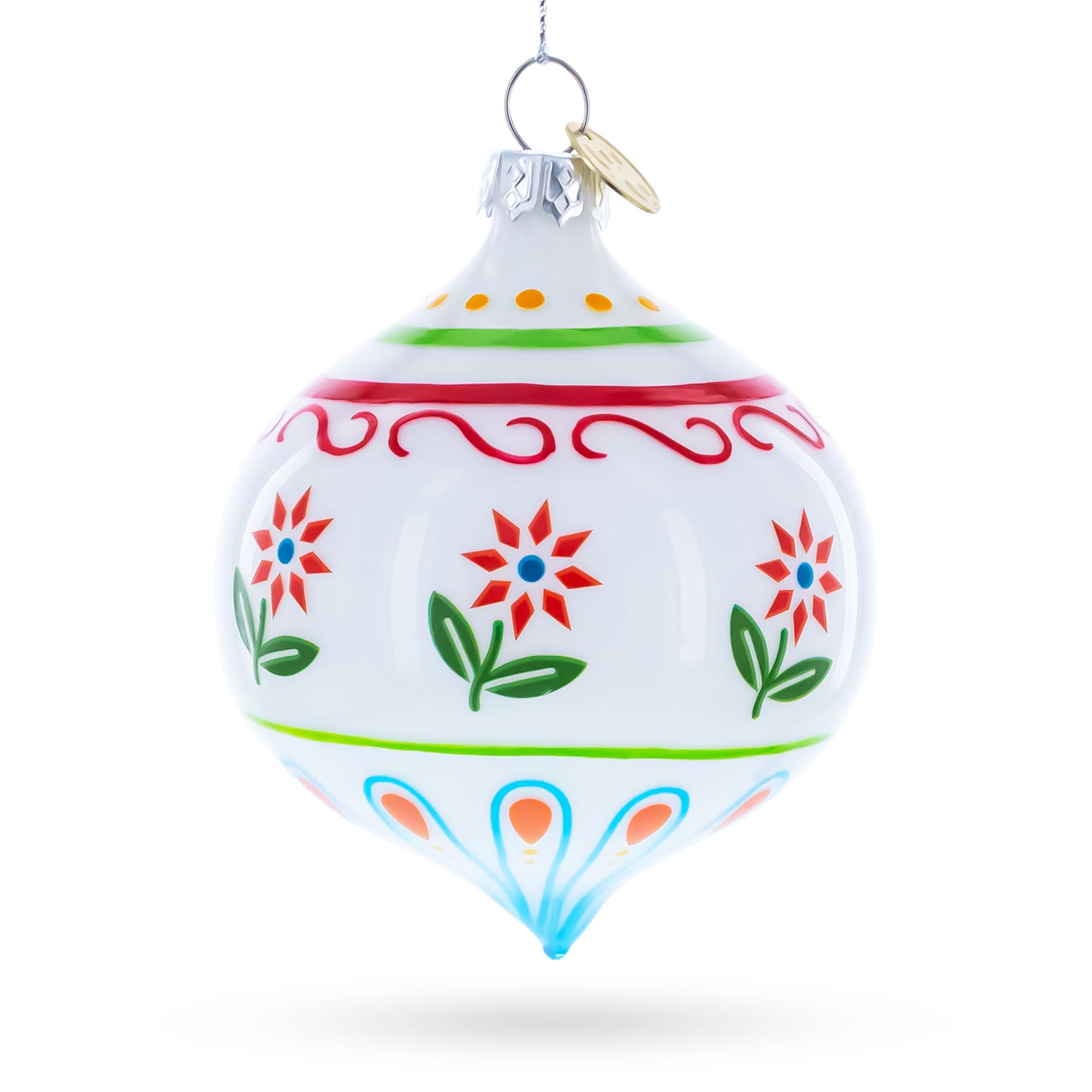 White Floral Pattern Finial Glass Christmas Ornament