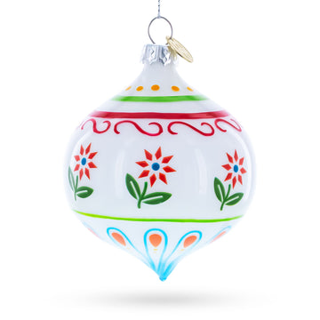 White Floral Pattern Finial Glass Christmas Ornament
