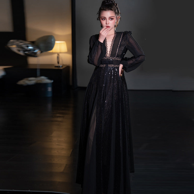 V-neck Long Sleeve Big Hem Dress