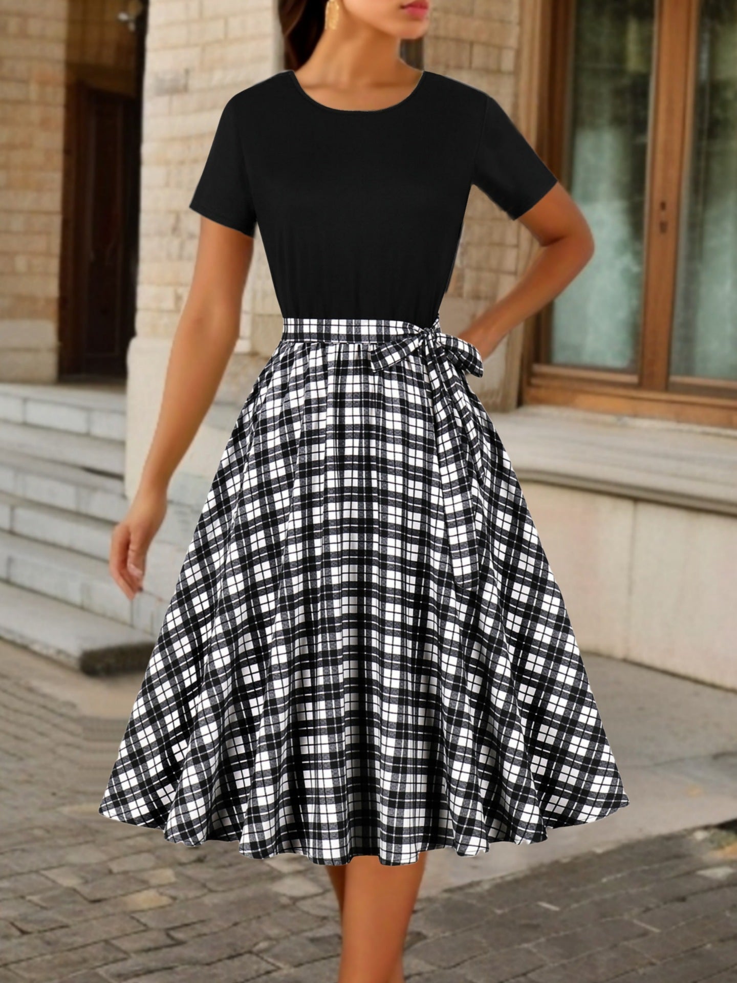 Round Neck Vintage Print Short Sleeves Dress