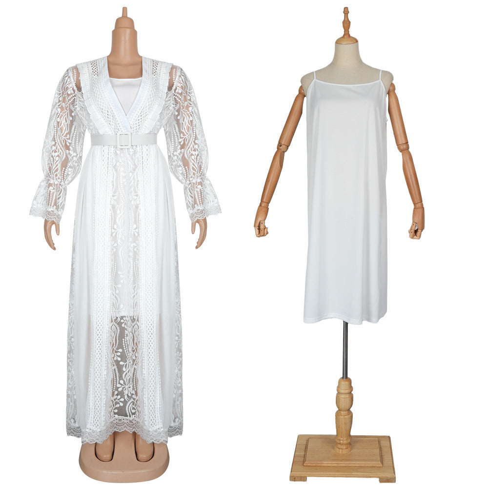 Embroidered Lace Hollow-out Long Sleeve Elegant Dress Suspender Skirt Two-piece Set