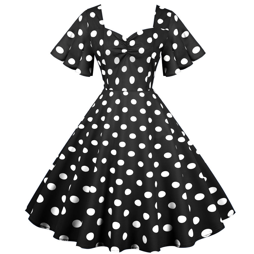 Casual Short-sleeved Slim-fit Polka Dot Print Large Swing Dress