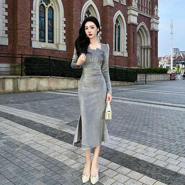 Velvet Dress Slimming Square Collar Long Sleeve Women's Skirt