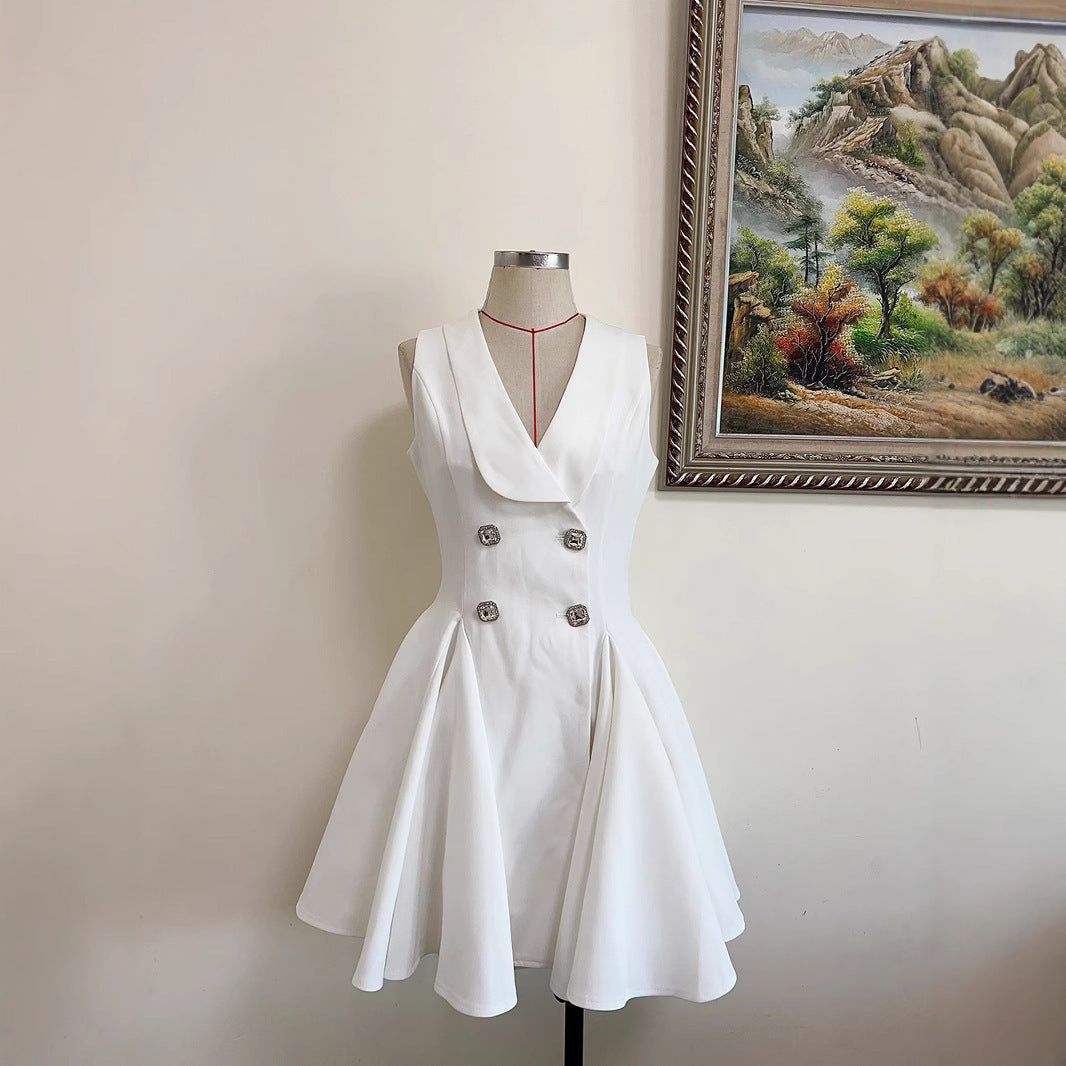 Lapel And Waist Tight Tank Dress Draped Vintage Temperament Skirt Dress Women Elegant Dress