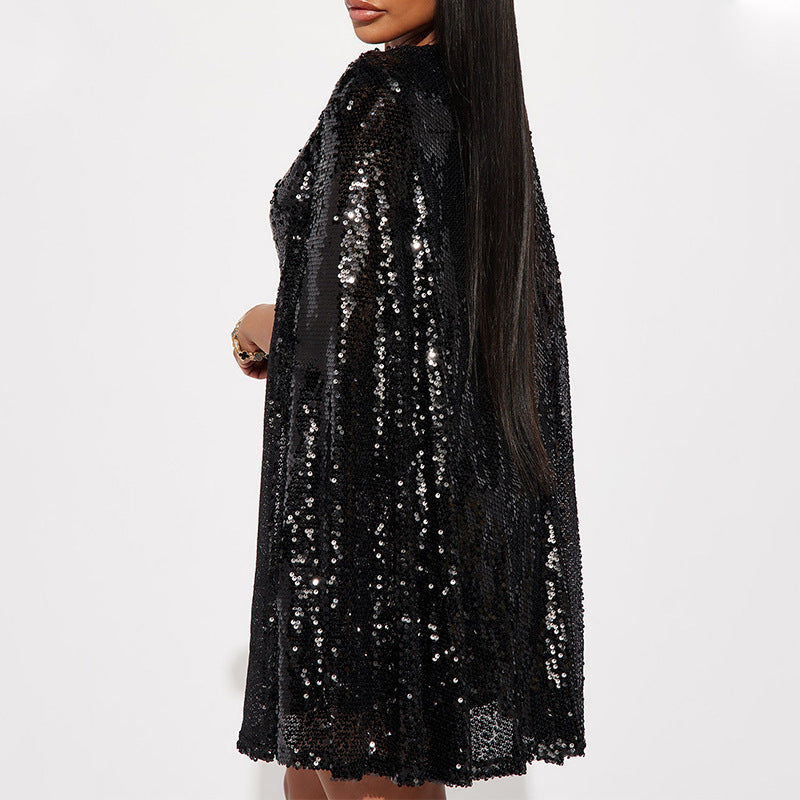 Fashion Stand Collar Sequins Dress Loose Women's Wear