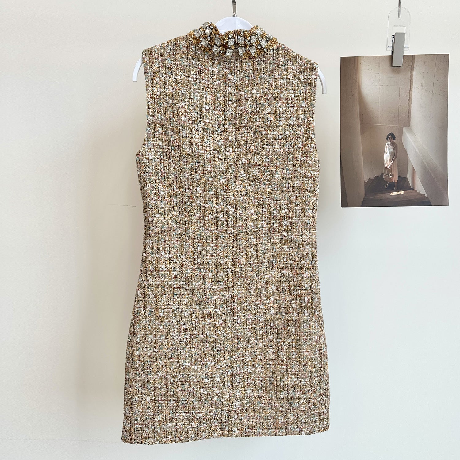 Classic Style Tweed Heavy Industry Rhinestone Lace Sleeveless Vest Dress