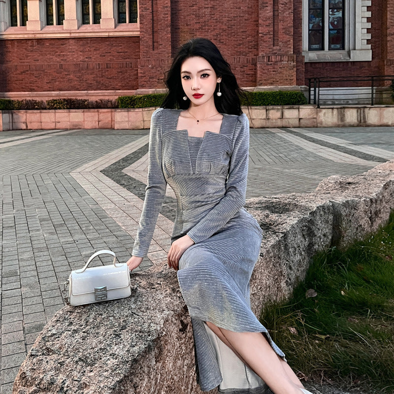 Velvet Dress Slimming Square Collar Long Sleeve Women's Skirt
