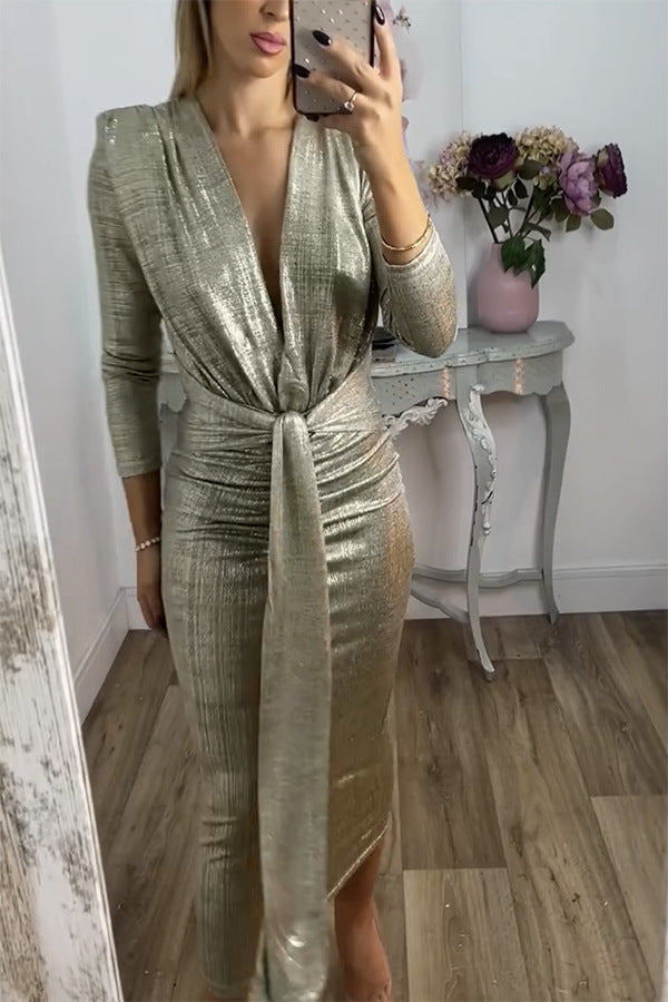 Women's Sexy V-neck Solid Color Bronzing Skinny Sheath Dress