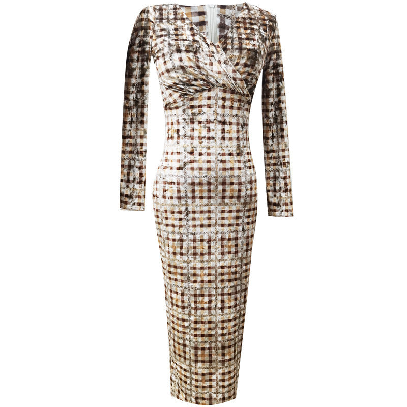 V-neck Dress Slim Fit Plaid Waist Tight Hip Skirt