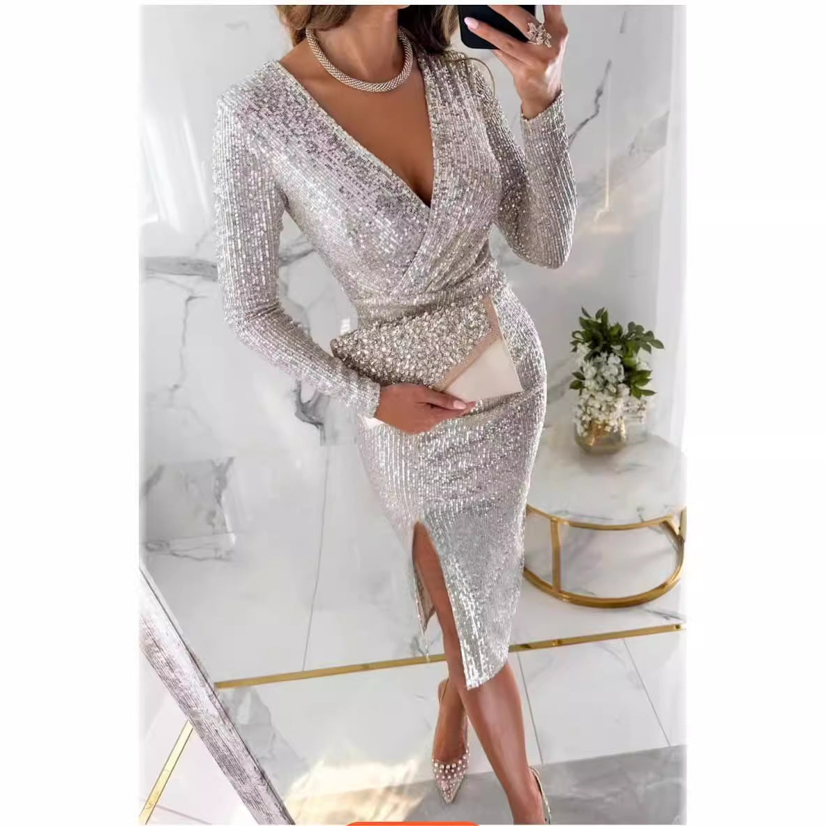 Autumn And Winter New Sequins Split Long Sleeve Dress