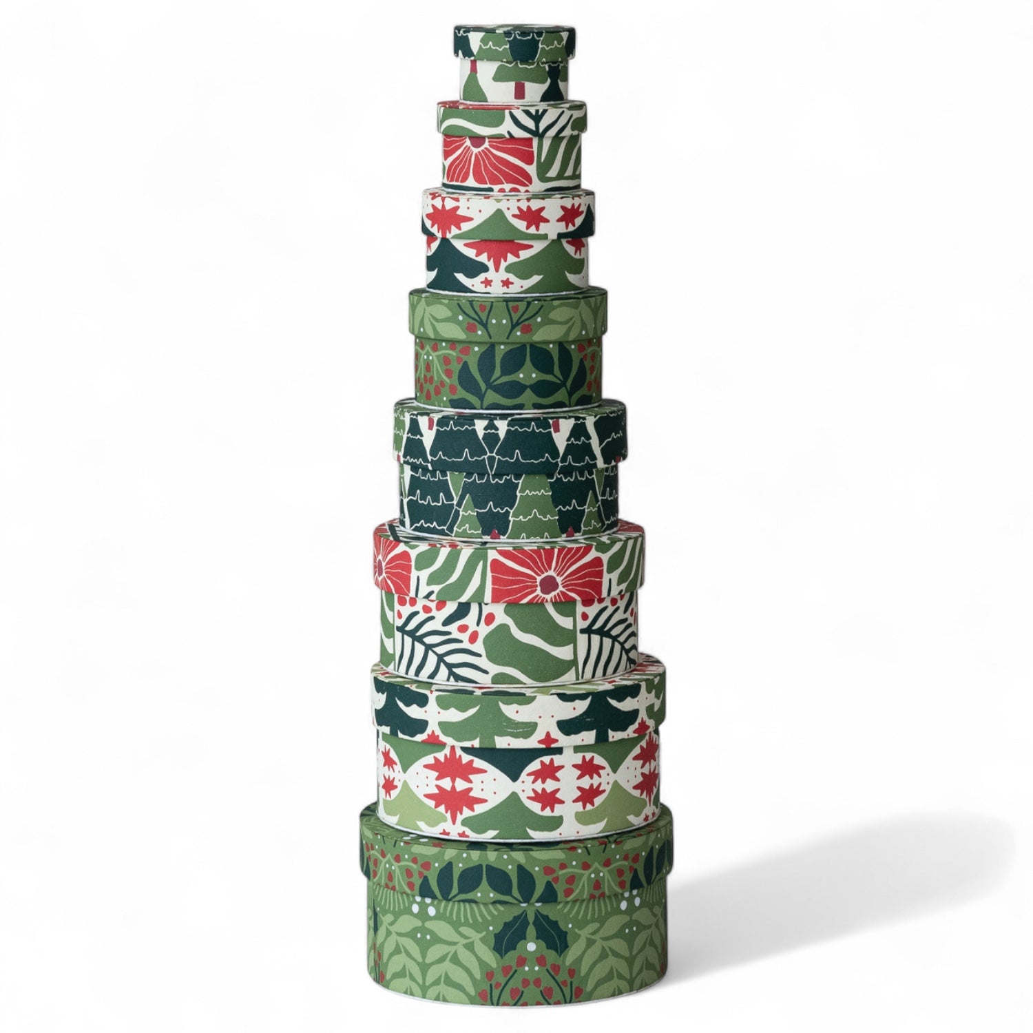 Round Handmade Recycled Paper Botanical Green Nesting Gift Boxes | 8 Sizes