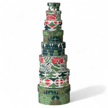 Round Handmade Recycled Paper Botanical Green Nesting Gift Boxes | 8 Sizes