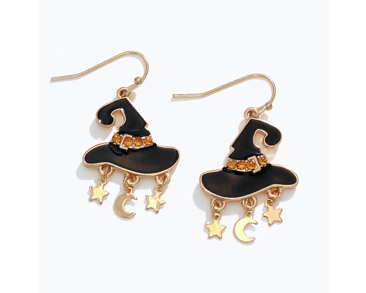 Witch Hats with Orange Crystals and Dangling Gold Moons and Stars Earrings