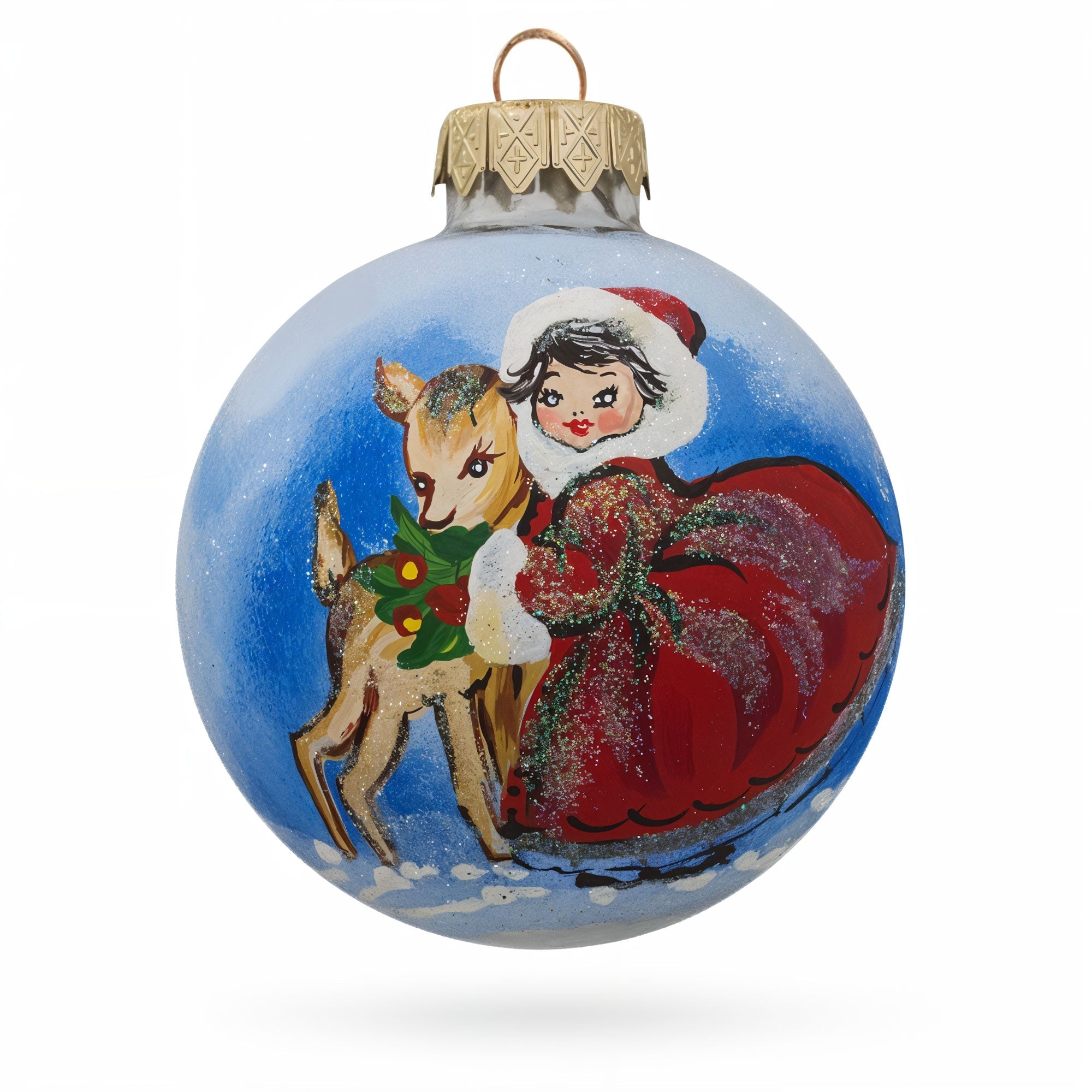 Girl and Reindeer Glass Ball Christmas Ornament 3.25 Inches