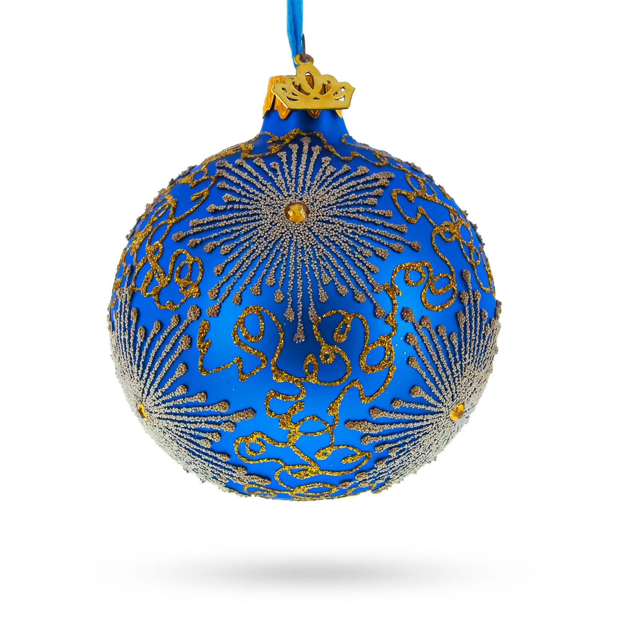 Sparkling Jeweled Snowflakes on Blue Glass Ball Christmas Ornament 3.25 Inches