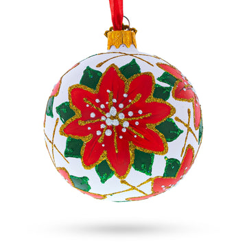Poinsettia Flowers on White Glass Ball Christmas Ornament 3.25 Inches