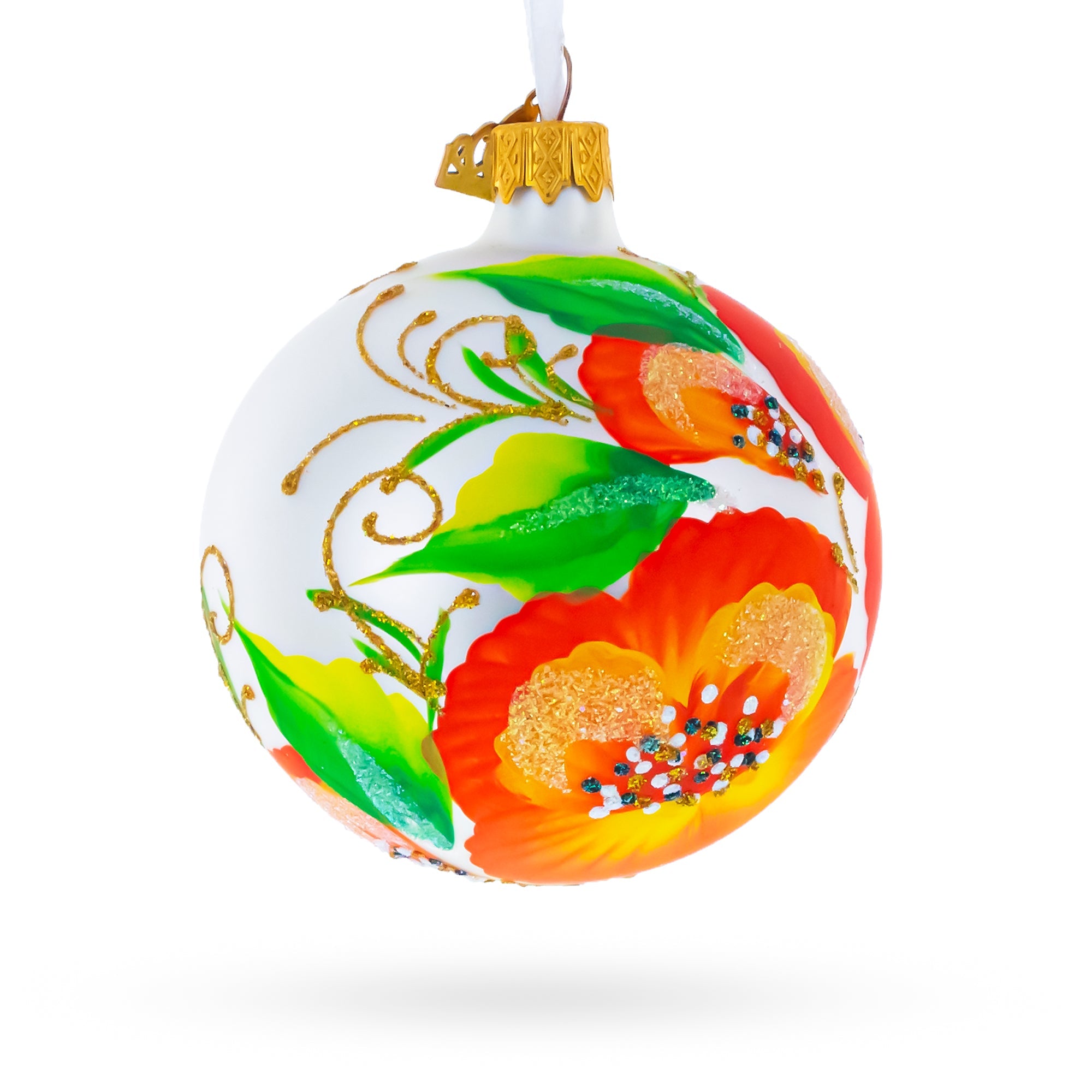Poppy Flowers on White Glass Ball Christmas Ornament, 3.25 Inches