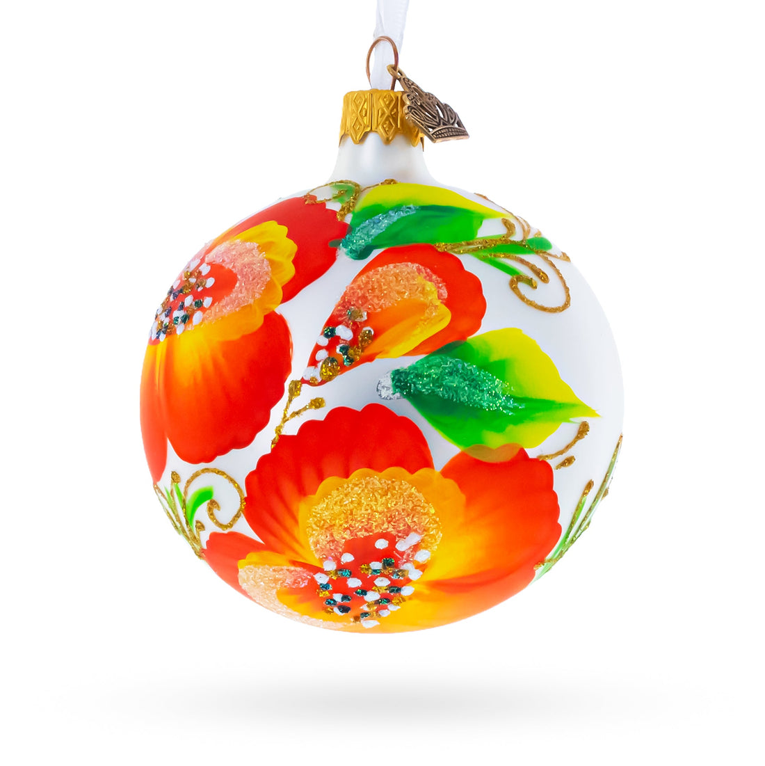 Poppy Flowers on White Glass Ball Christmas Ornament, 3.25 Inches