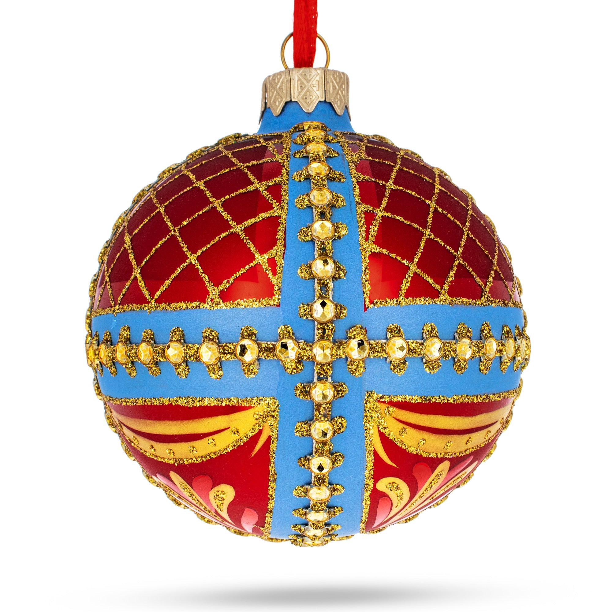 Trellis on Blue and Red Glass Ball Christmas Ornament 3.25 Inches