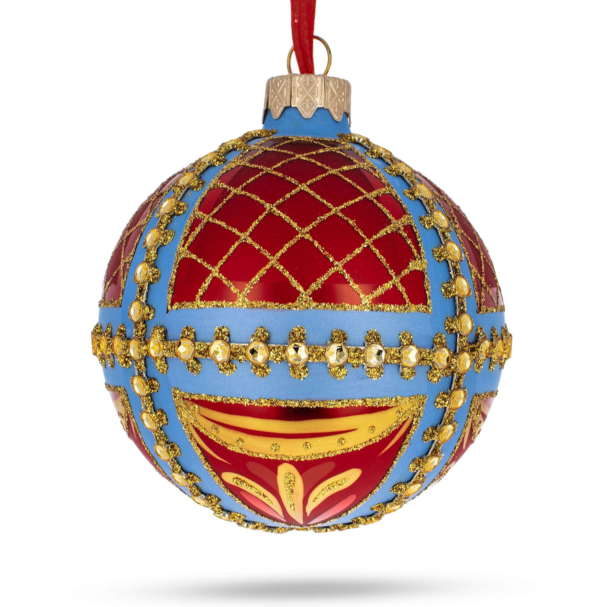 Trellis on Blue and Red Glass Ball Christmas Ornament 3.25 Inches