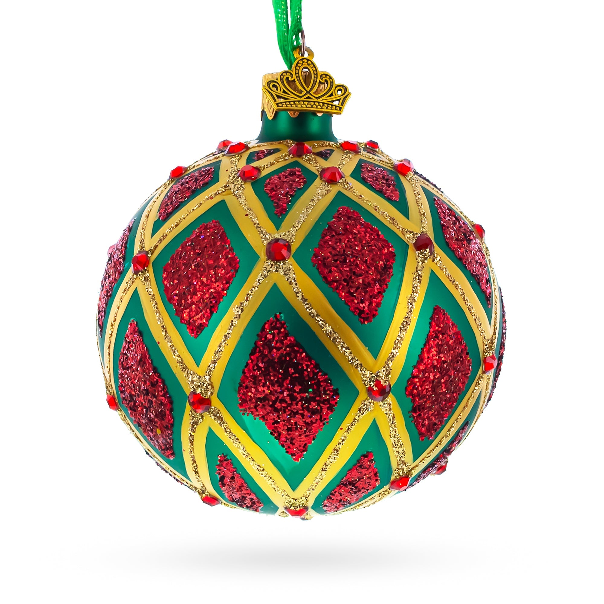 Glittered Red IKAT on Green Glass Ball Christmas Ornament 3.25 Inches
