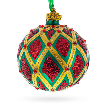 Glittered Red IKAT on Green Glass Ball Christmas Ornament 3.25 Inches