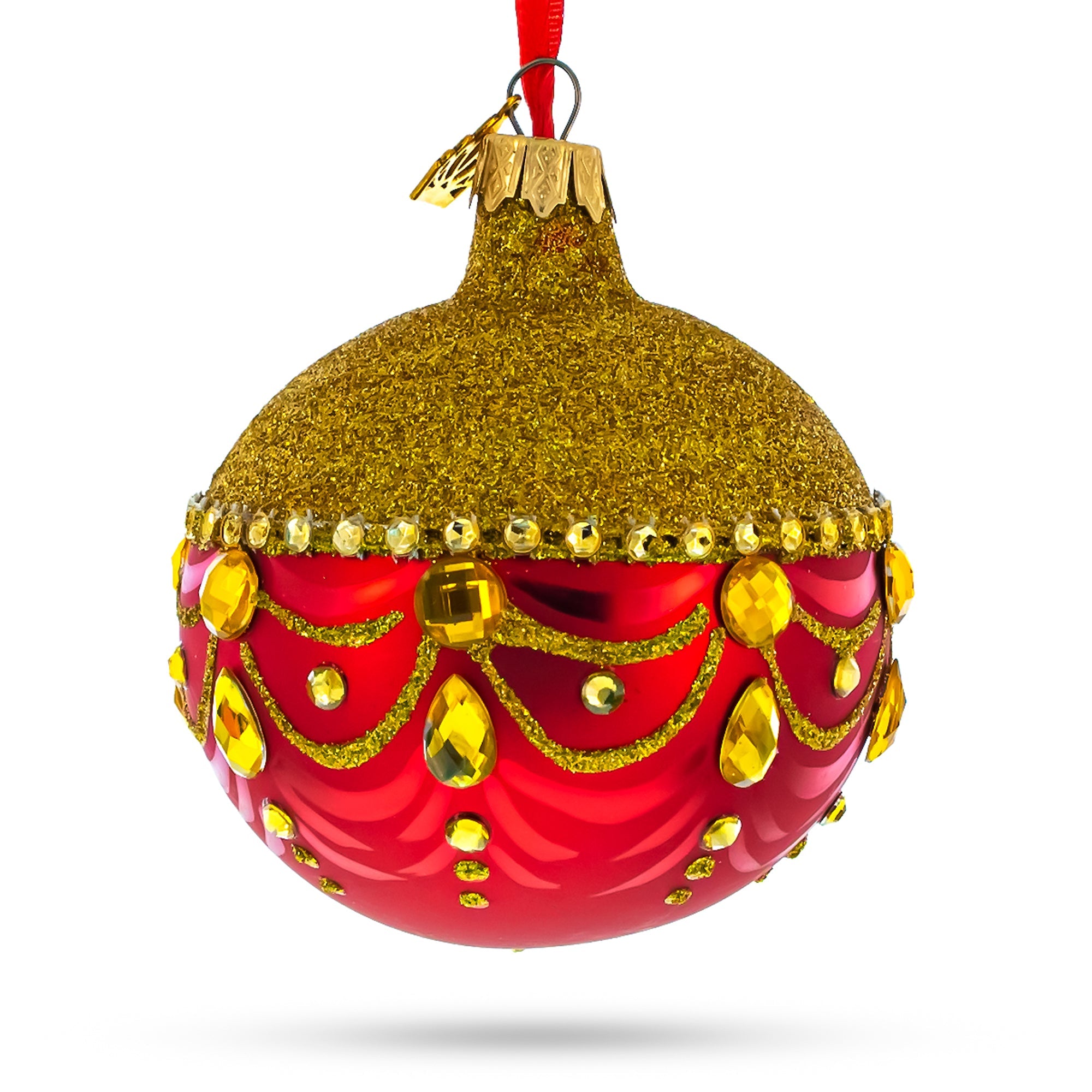 Glittered Golden Top Glass Ball Christmas Ornament 3.25 Inches