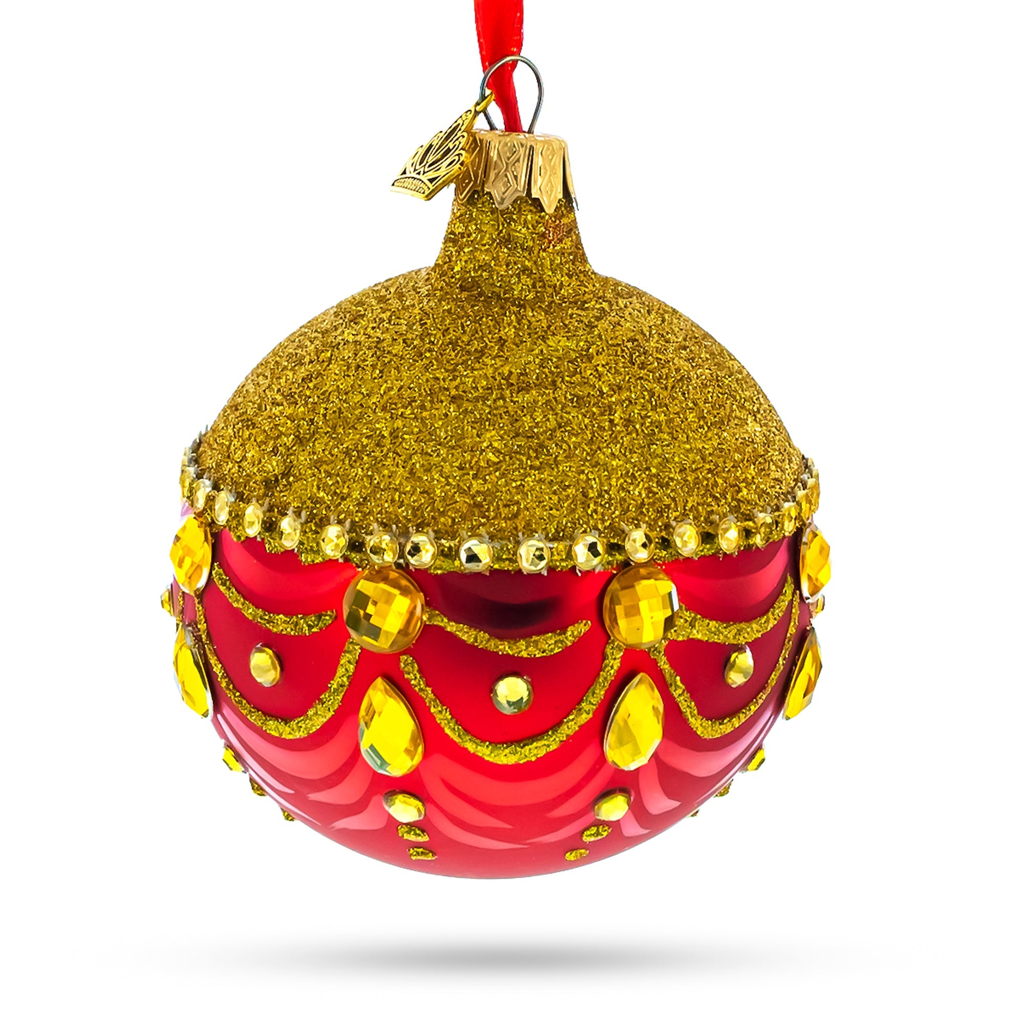 Glittered Golden Top Glass Ball Christmas Ornament 3.25 Inches