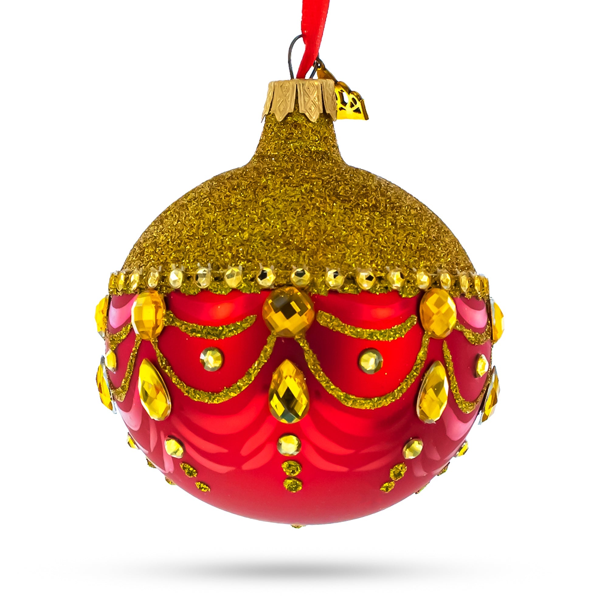 Glittered Golden Top Glass Ball Christmas Ornament 3.25 Inches