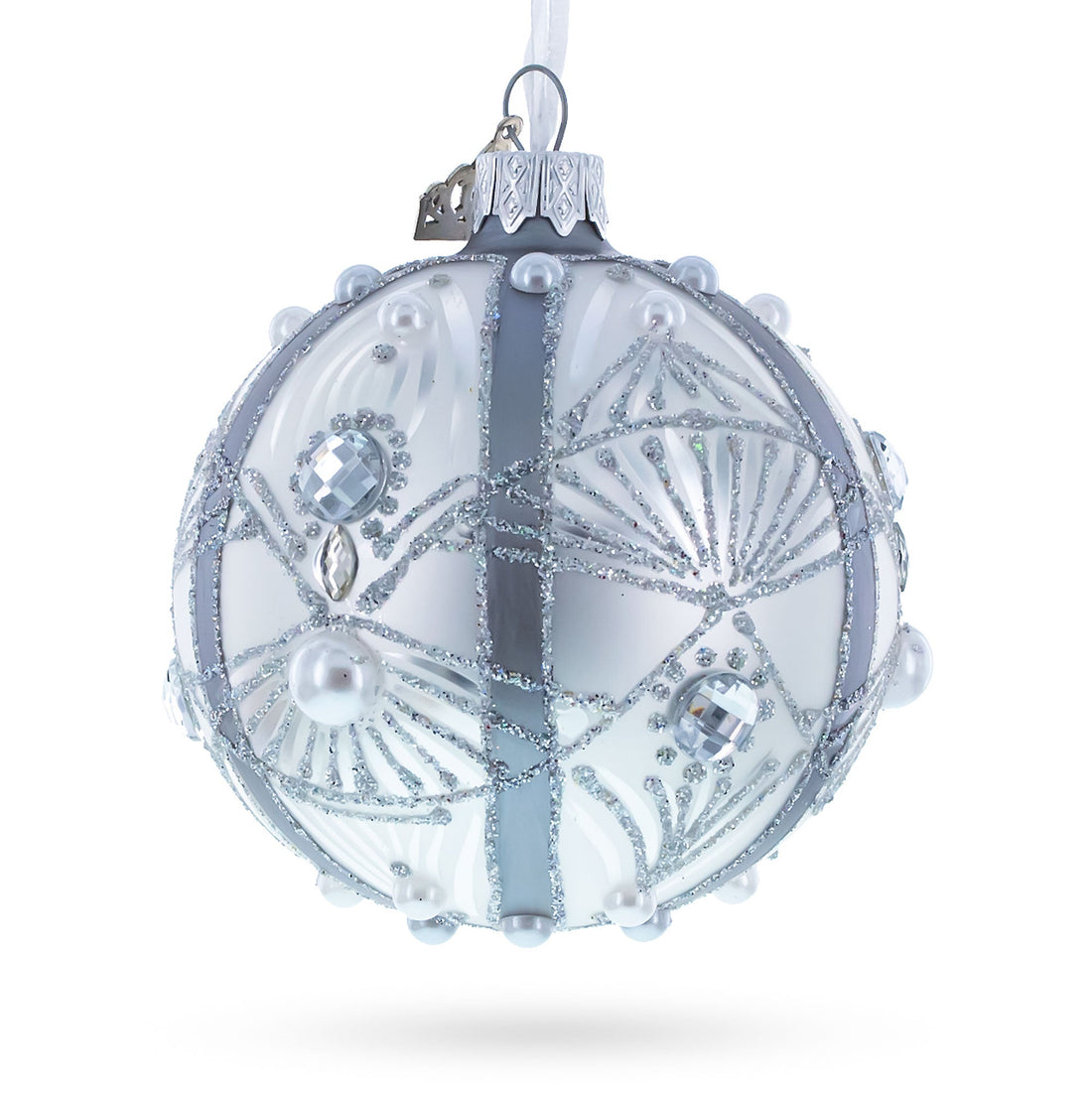 White Jewels on Silver Glass Ball Christmas Ornament