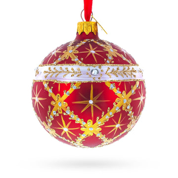 Diamond Trellis on Red Glass Ball Christmas Ornament 3.25 Inches